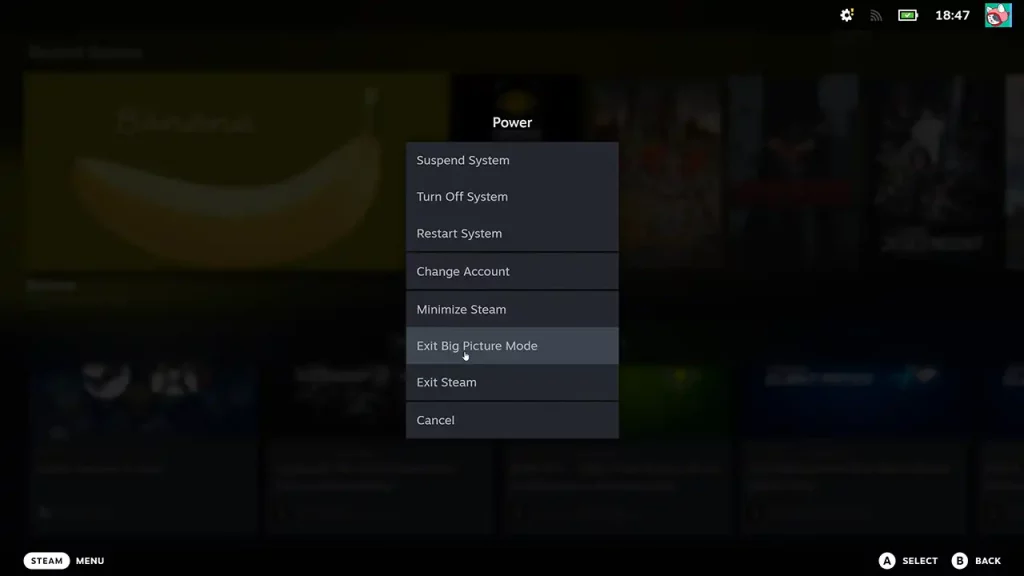 menu of exit big picture mode on steam