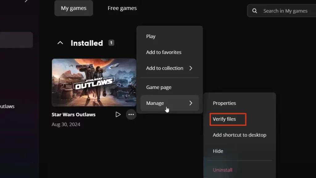 verify star wars outlaws files- on ubisoft connect